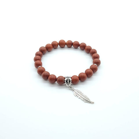 Red Jasper Crystal Beaded Bracelet With Silver Feather Charm