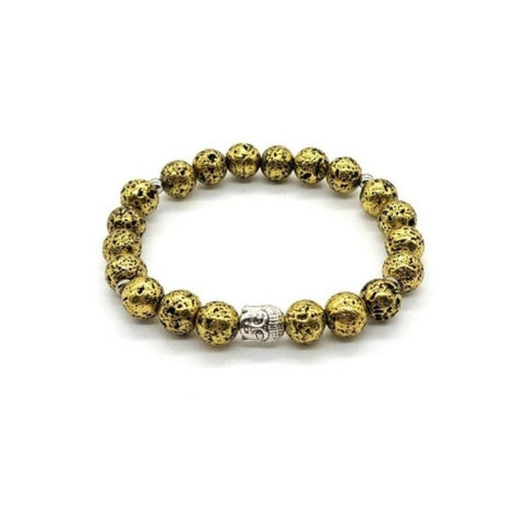 Gold Lava Rock Stone Beaded Bracelet With Silver Buddha