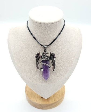 Large Point Purple Amethyst Necklace Pendant With Dragon