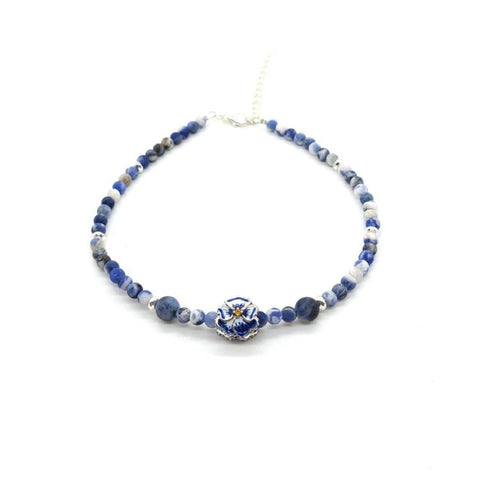 Navy Blue Sodalite Crystal Anklet With Blue Pansy Flower