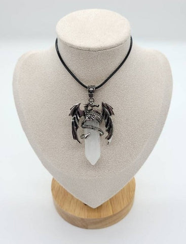 Large Point Clear Quartz Necklace Pendant With Dragon