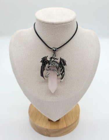 Large Point Rose Quartz Necklace Pendant With Dragon