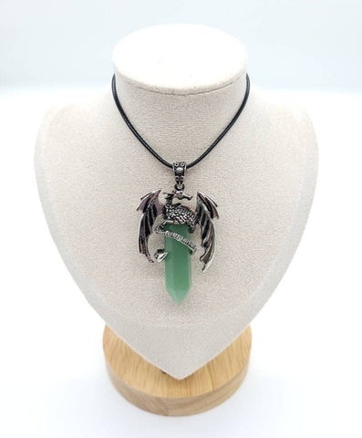 Large Point Green Aventurine Necklace Pendant With Dragon