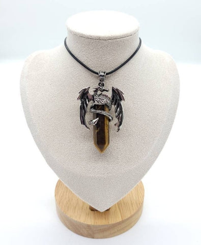 Large Point Tiger Eye Necklace Pendant With Dragon