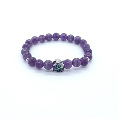 Purple Amethyst Crystal Beaded Bracelet With Silver Leaf Charm
