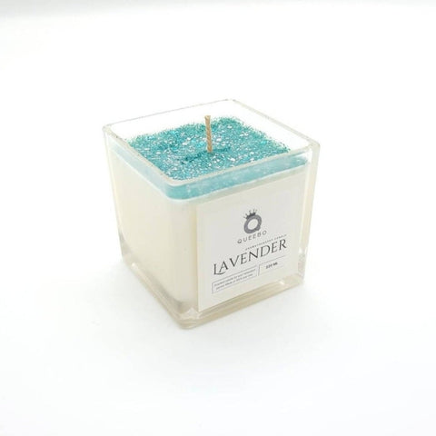 Luxury White & Teal Glass Cube Candle - Lavender Scent