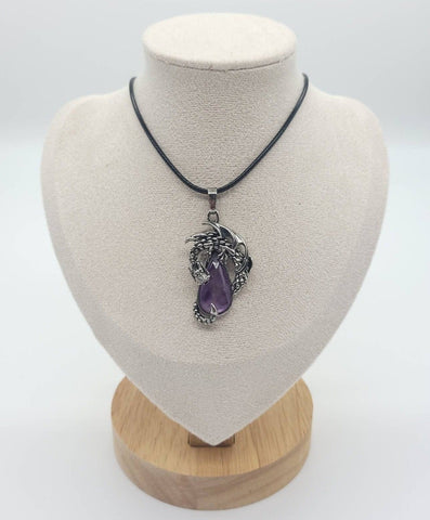 Large Teardrop Amethyst Necklace Pendant With Dragon