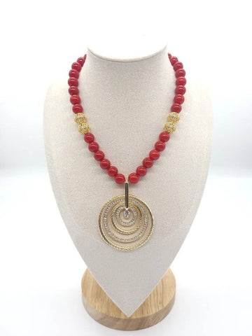 Red Coral Crystal Beaded Necklace With Gold Gemstone Pendant
