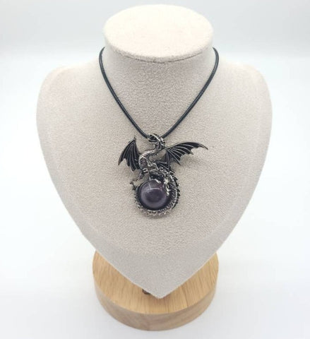 Large Round Amethyst Necklace Pendant With Dragon