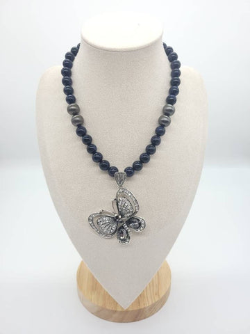 Blue Goldstone Crystal Beaded Necklace With Large Butterfly Pendant