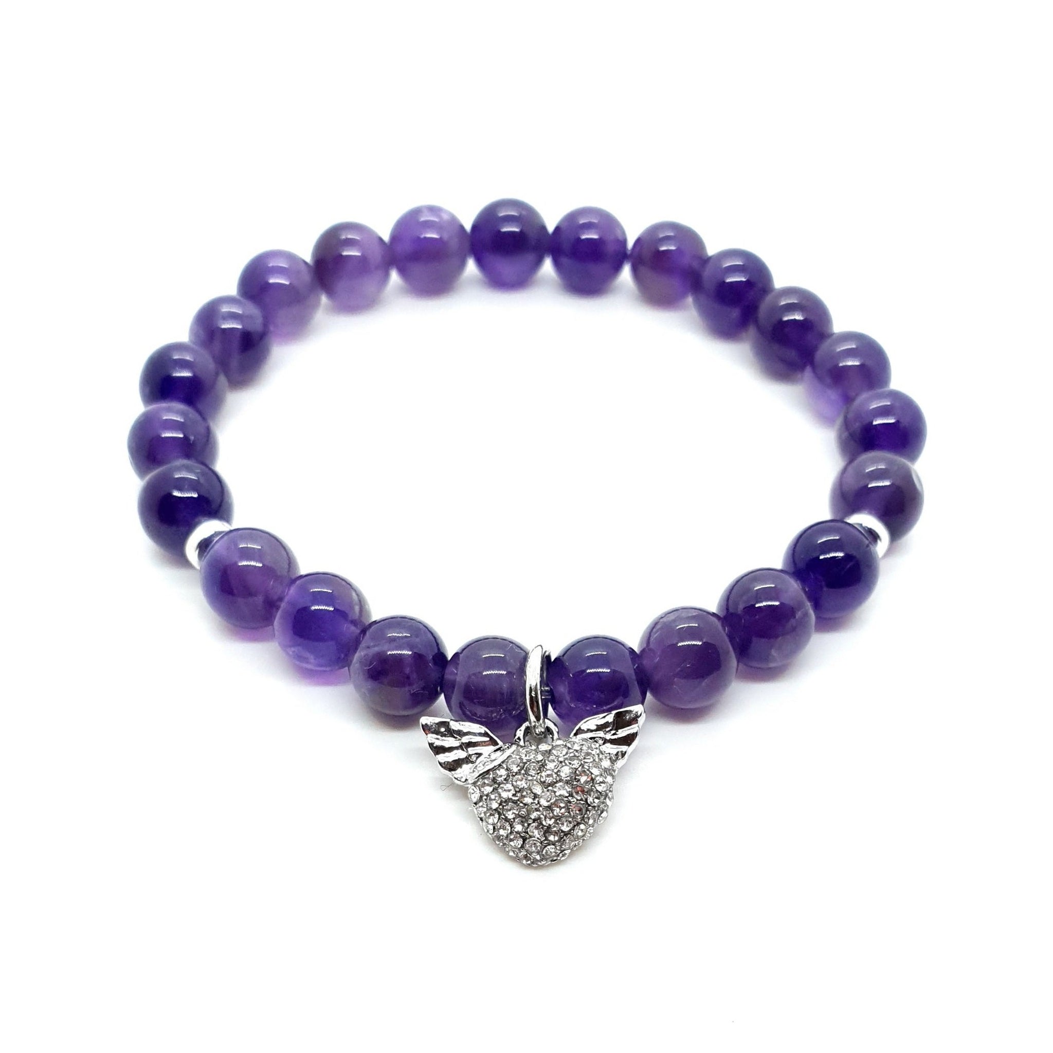 Purple Amethyst Crystal Beaded Bracelet With Gemstone Heart Charm