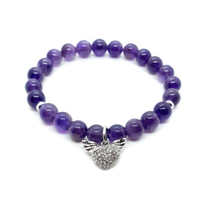 Purple Amethyst Crystal Beaded Bracelet With Gemstone Heart Charm