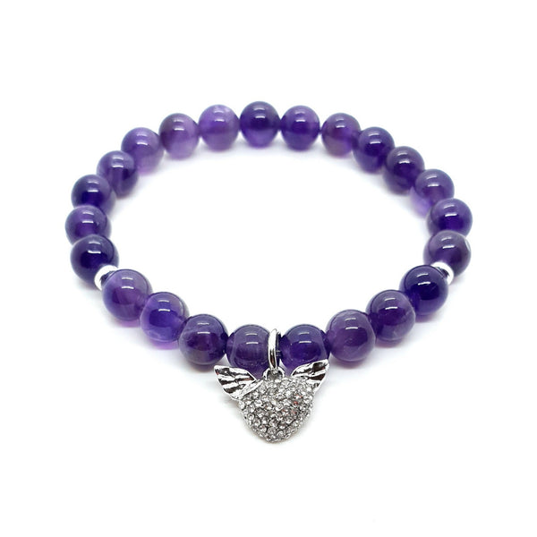 Purple Amethyst Crystal Beaded Bracelet With Gemstone Heart Charm