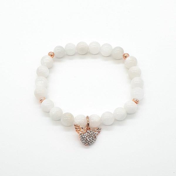 Handmade Moonstone Crystal Beaded Bracelet With Rose Gold Heart And Angel Wings