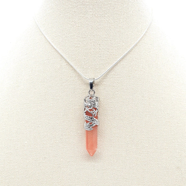 Point Watermelon Quartz Crystal Necklace Pendant With Silver Dragon