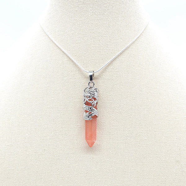 Point Watermelon Quartz Crystal Necklace Pendant With Silver Dragon