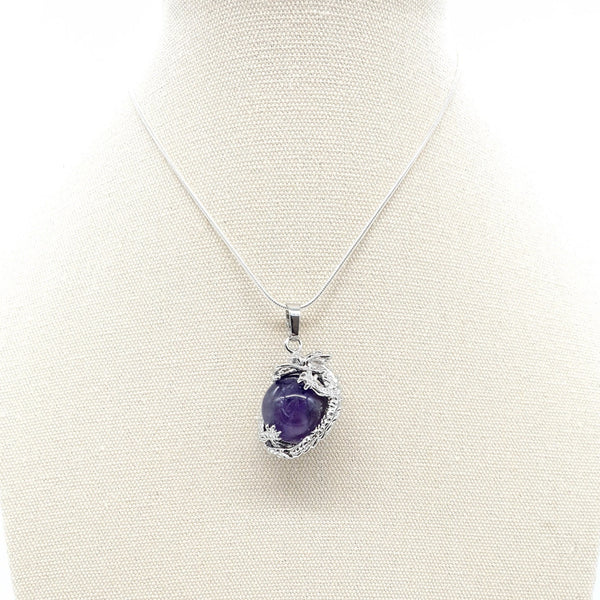 Purple Amethyst Crystal Ball Necklace Pendant With Silver Dragon