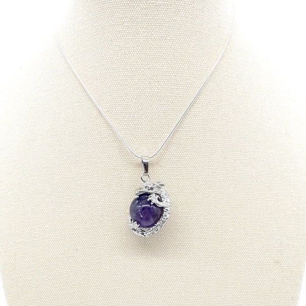 Purple Amethyst Crystal Ball Necklace Pendant With Silver Dragon