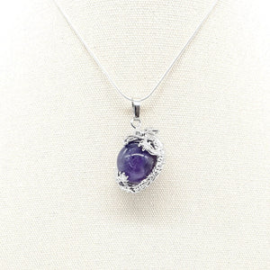 Purple Amethyst Crystal Ball Necklace Pendant With Silver Dragon