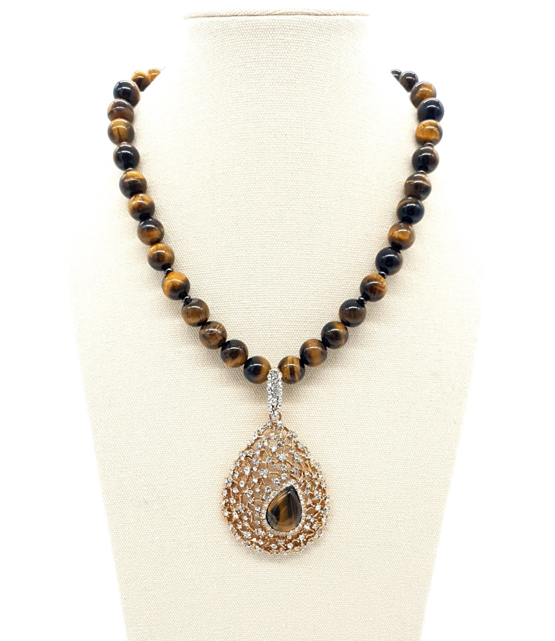 Tiger Eye Crystal Beaded Necklace With Gold Gemstone Teardrop Pendant