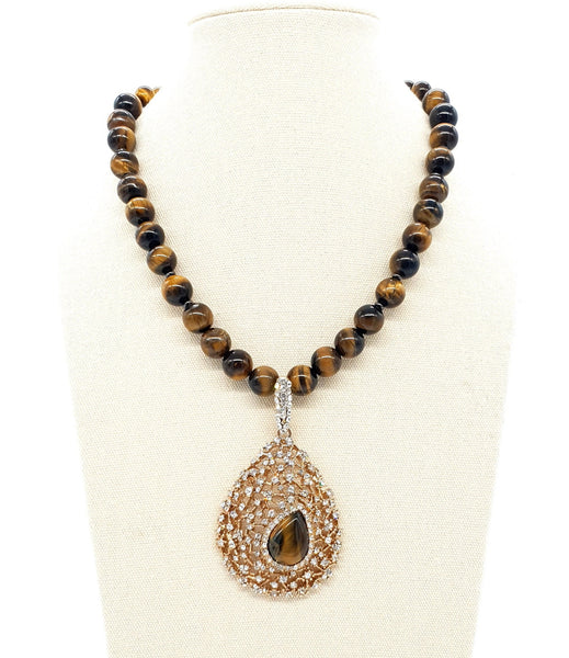 Tiger Eye Crystal Beaded Necklace With Gold Gemstone Teardrop Pendant