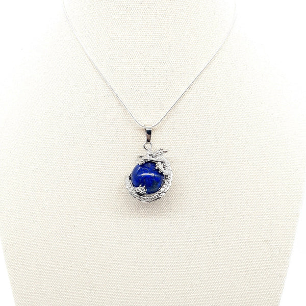 Blue Lapis Lazuli Crystal Ball Necklace Pendant With Silver Dragon