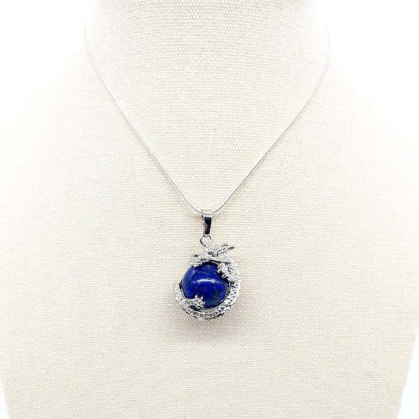 Blue Lapis Lazuli Crystal Ball Necklace Pendant With Silver Dragon