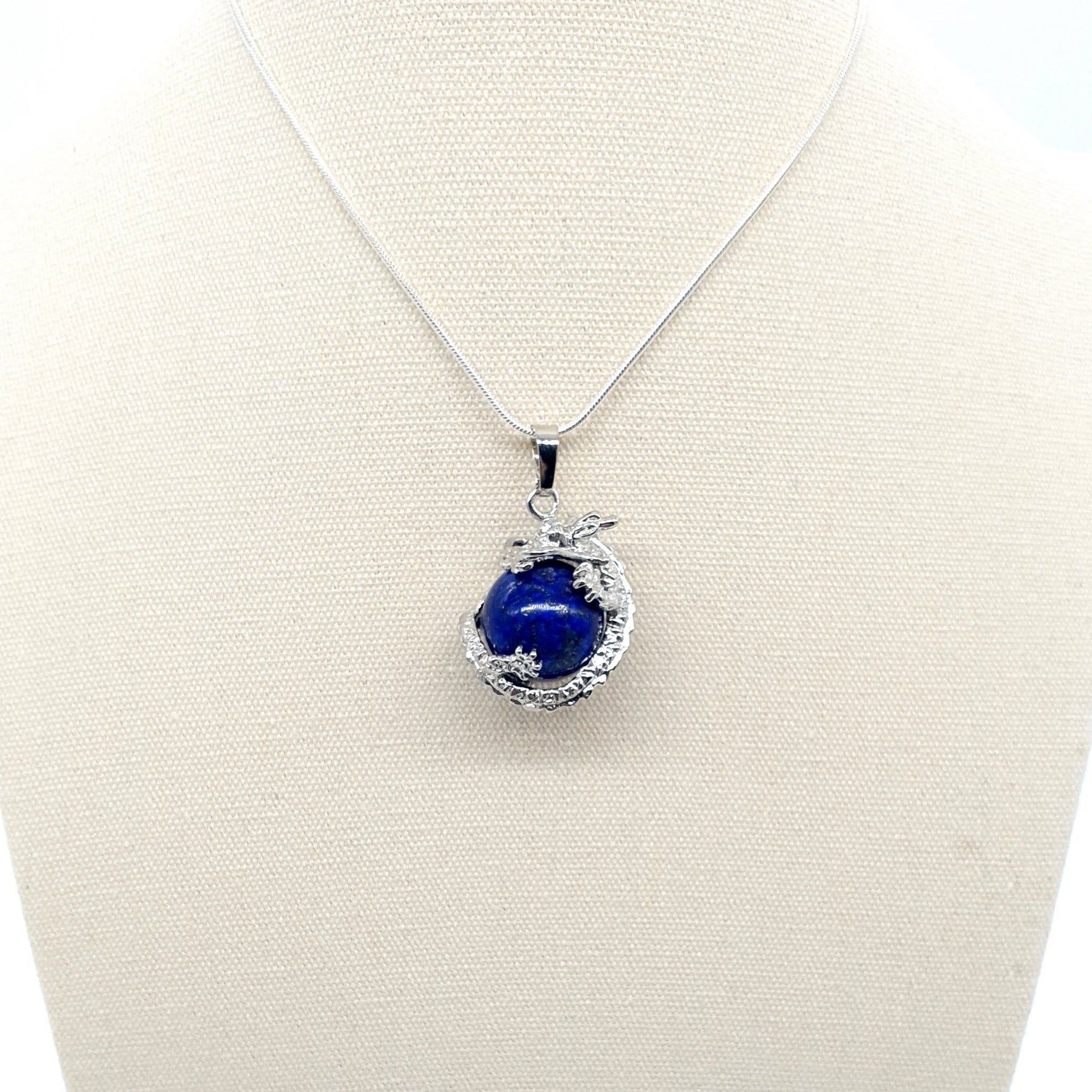 Blue Lapis Lazuli Crystal Ball Necklace Pendant With Silver Dragon