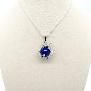 Blue Lapis Lazuli Crystal Ball Necklace Pendant With Silver Dragon