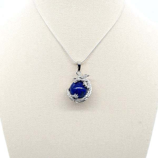 Blue Lapis Lazuli Crystal Ball Necklace Pendant With Silver Dragon