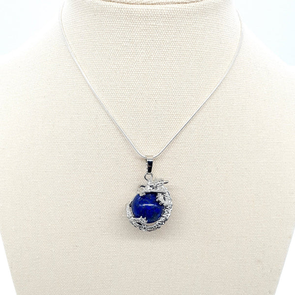 Blue Lapis Lazuli Crystal Ball Necklace Pendant With Silver Dragon