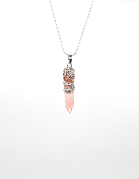 Point Watermelon Quartz Crystal Necklace Pendant With Silver Dragon