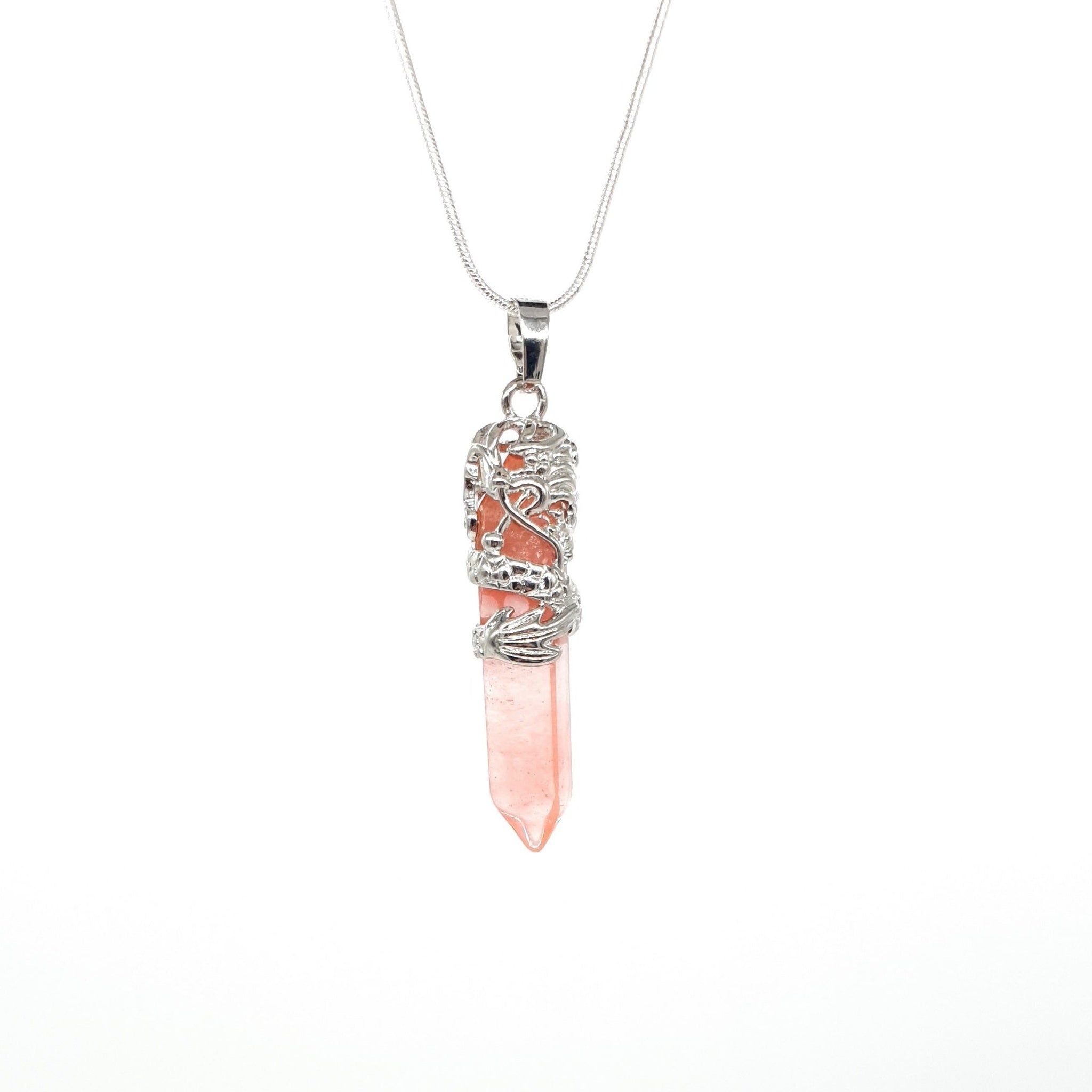 Point Watermelon Quartz Crystal Necklace Pendant With Silver Dragon