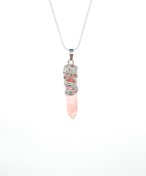 Point Watermelon Quartz Crystal Necklace Pendant With Silver Dragon