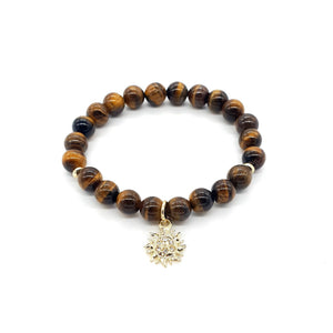 Handmade Tiger Eye Crystal Beaded Bracelet With Gold Sun Charm
