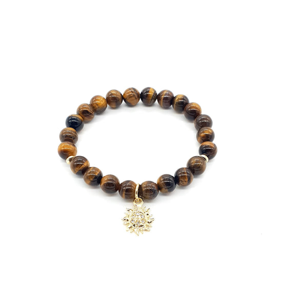 Handmade Tiger Eye Crystal Beaded Bracelet With Gold Sun Charm