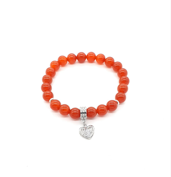 Handmade Red Carnelian Crystal Beaded Bracelet With Silver Love Heart