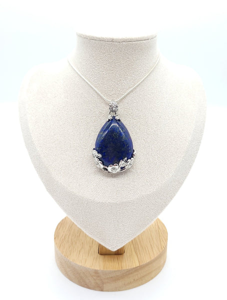 Blue Lapis Lazuli Teardrop Crystal Necklace Pendant With Flowers