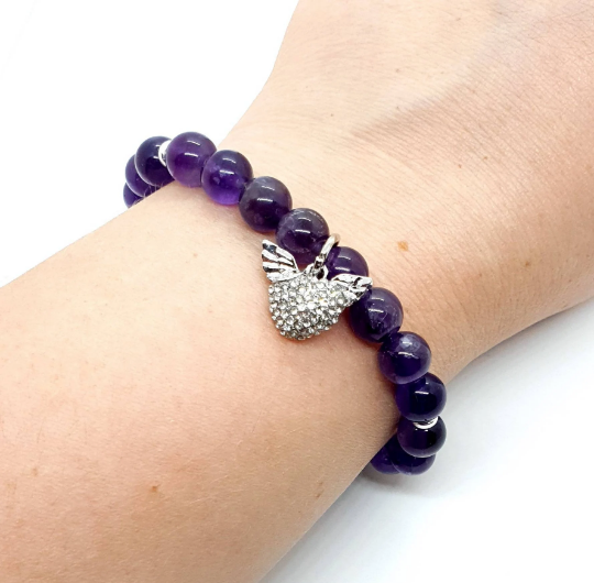 Purple Amethyst Crystal Beaded Bracelet With Gemstone Heart Charm