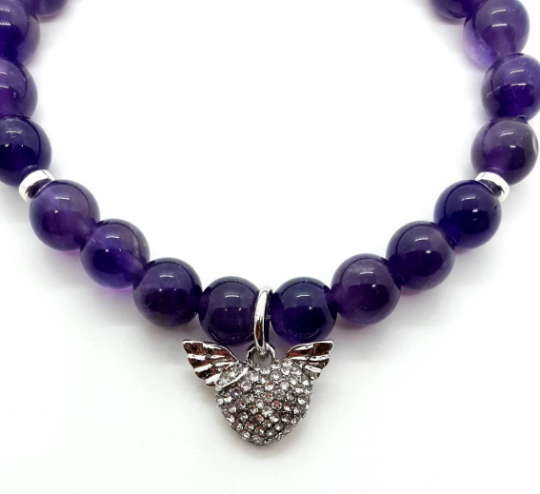 Purple Amethyst Crystal Beaded Bracelet With Gemstone Heart Charm