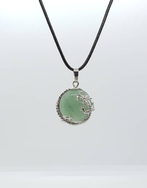 Green Aventurine Crystal Necklace Pendant With Silver Dragon
