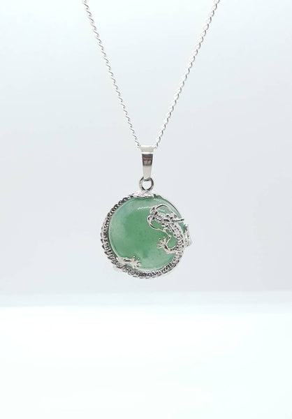 Green Aventurine Crystal Necklace Pendant With Silver Dragon