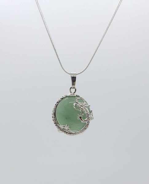 Green Aventurine Crystal Necklace Pendant With Silver Dragon
