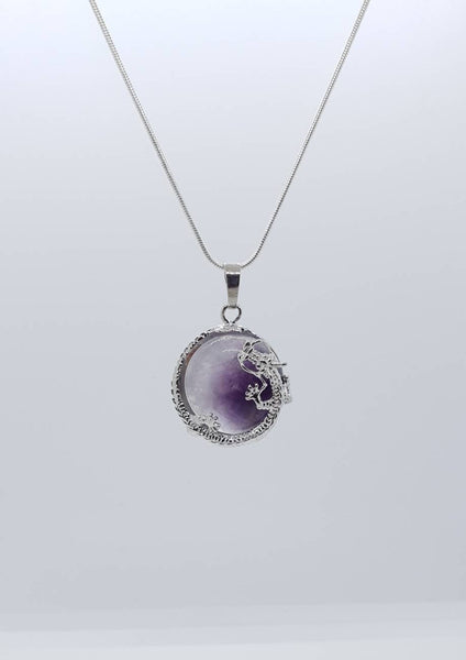 Purple Amethyst Necklace Pendant With Silver Dragon