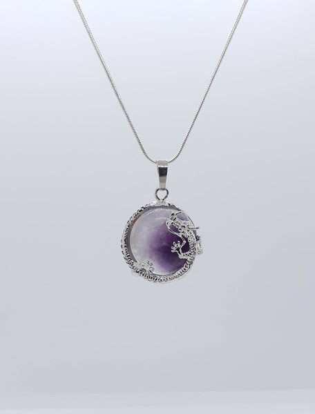 Purple Amethyst Necklace Pendant With Silver Dragon
