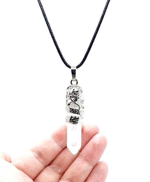 Point Clear Quartz Necklace Pendant With Silver Dragon
