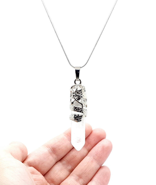 Point Clear Quartz Necklace Pendant With Silver Dragon
