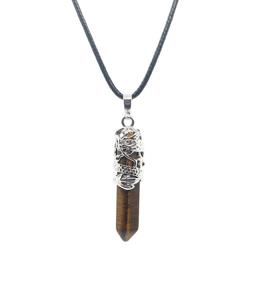 Point Tiger Eye Crystal Necklace Pendant With Silver Dragon
