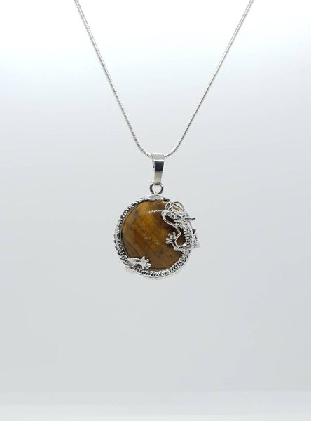 Tiger Eye Crystal Necklace Pendant With Silver Dragon