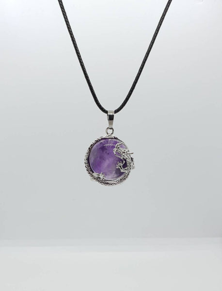 Purple Amethyst Necklace Pendant With Silver Dragon